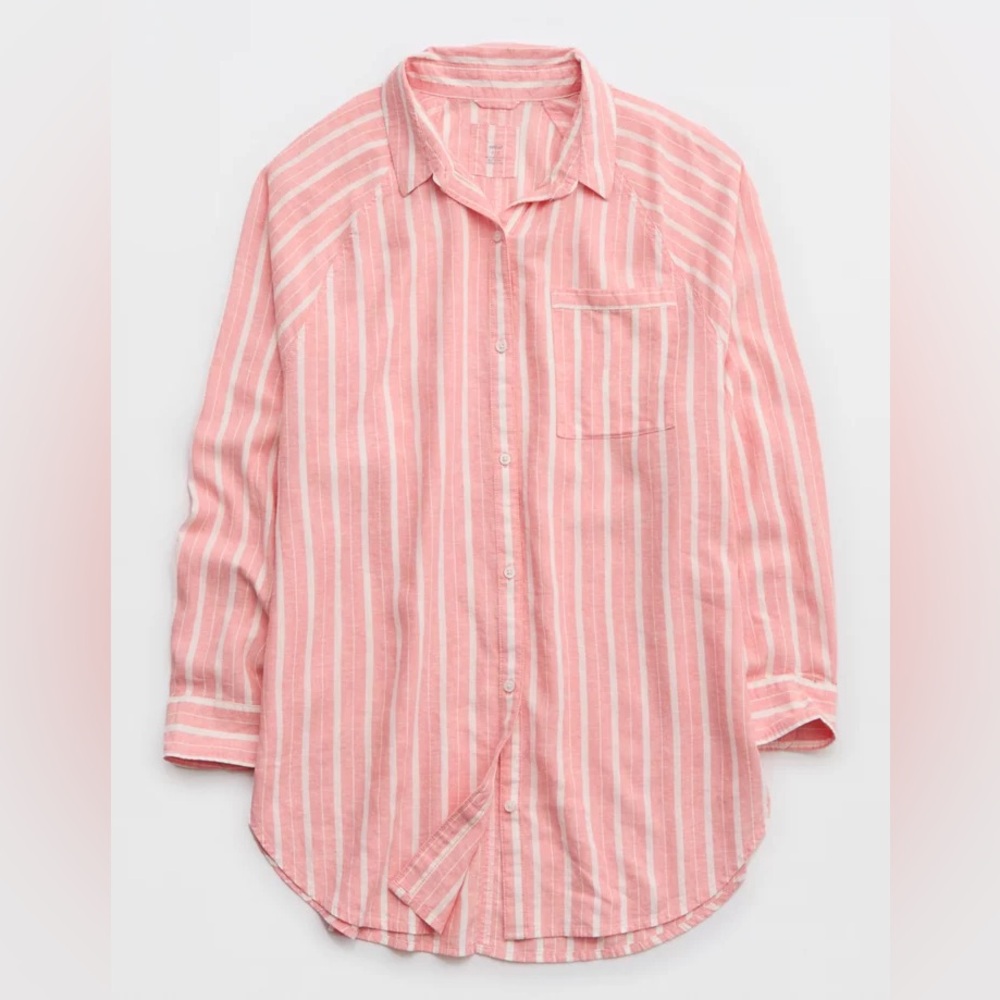 Aerie Linen Blend Coverup Shirt Pink and White Stripe Button Down - Picture 2 of 10